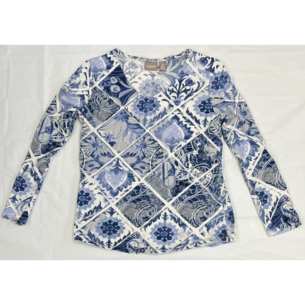 Chico's Victorian Annabel Tiles Top Size 0 - XS Blue & White Stretch